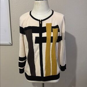 ST. JOHN Cream Black Santana Knit Wool Zip Up Cardigan Sweater